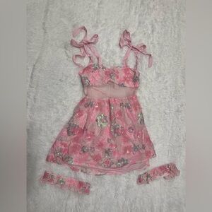 New xl pink beaded sequin floral short dress boho festival lace fairy short rave